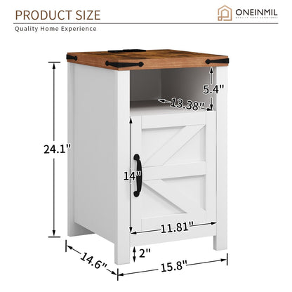 oneinmil Nightstand with Charging Station, Farmhouse End Table with Barn Door, Sofa Side Table with Storage Space 2-Piece Set, Suitable for Livingroom and Bedroom,White - WoodArtSupply