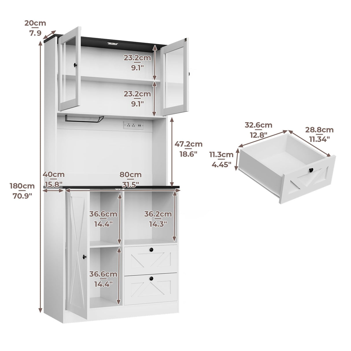 Frmobepts 71‘’Kitchen Pantry Storage Cabinet with LED Lights and Power Outlet, Tall Farmhouse Kitchen Hutch with Microwave Stand,Globet Hooks and Adjustable Shelf for Dining Living Room,White Frmobepts