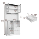 Frmobepts 71‘’Kitchen Pantry Storage Cabinet with LED Lights and Power Outlet, Tall Farmhouse Kitchen Hutch with Microwave Stand,Globet Hooks and Adjustable Shelf for Dining Living Room,White Frmobepts