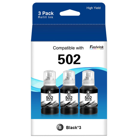 Faslvink Compatible 502 Black Ink 502 Black Pigment Ink Replacement for Epson 502 Ink Refill Bottles for Ecotank ET-2850 ET-3850 ET-4850 ET-3760 ET-2760 ET-4760 ET-2750 ET-3750 ET-4750 Printer,3 Pack Faslvink