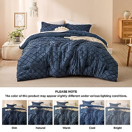 Bedsure Queen Comforter Set - Navy Blue Comforter, Boho Tufted Shabby Chic Bedding for Kids, 3 Pieces Vintage Farmhouse Bed Set for All Seasons, Fluffy Soft Bedding with 2 Pillow Shams Bedsure