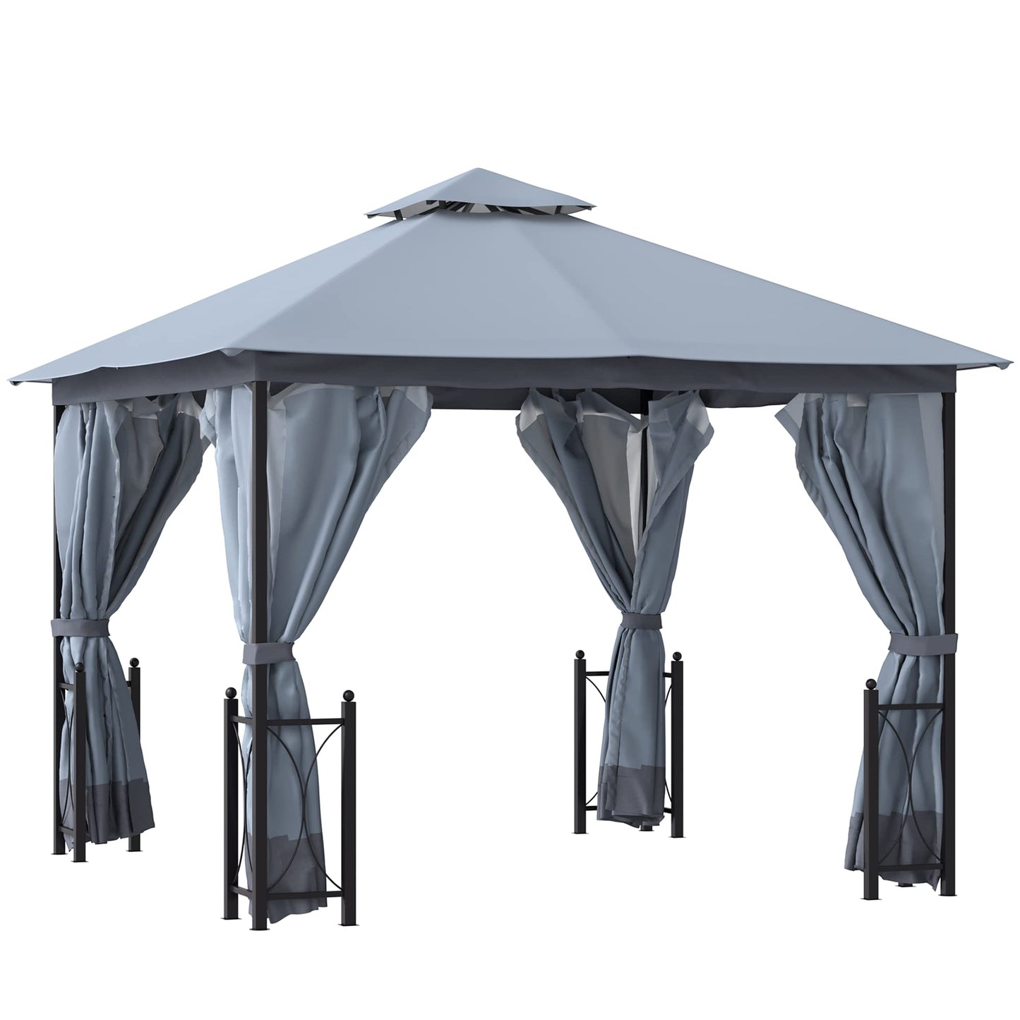 Outsunny 11' x 13' Patio Gazebo, Double Roof Outdoor Gazebo Canopy Shelter with Netting & Curtains, Steel Corner Columns for Garden, Lawn, Backyard and Deck, Gray - WoodArtSupply