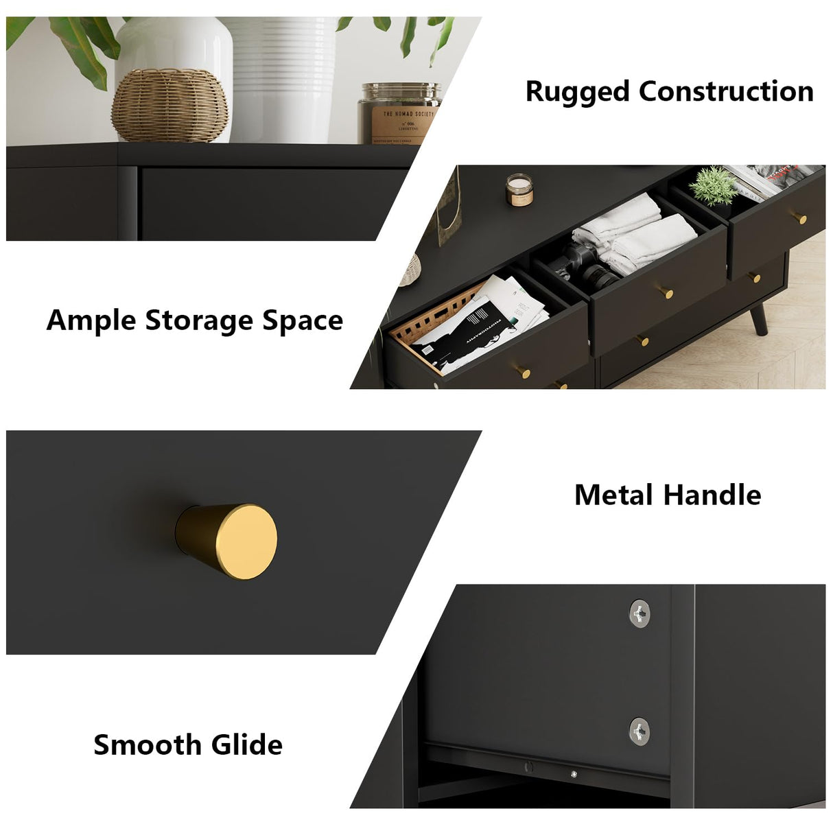 Wananlanen 7 Drawers Dresser for Bedroom, 55'' Dressers & Chests of Drawers with Gold Handles and 7 Large Drawer, Modern Double Wooden Storage Organizer Cabinet, Hallway, Black Wananlanen