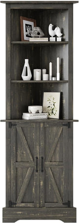 4 EVER WINNER Tall Corner Cabinet with Barn Doors, 5-Tier Farmhouse Storage Cabinet with Adjustable Shelves for Corner, Home Space Saver for Living Room, Bathroom, Hallway, Rustic Oak 4 EVER WINNER