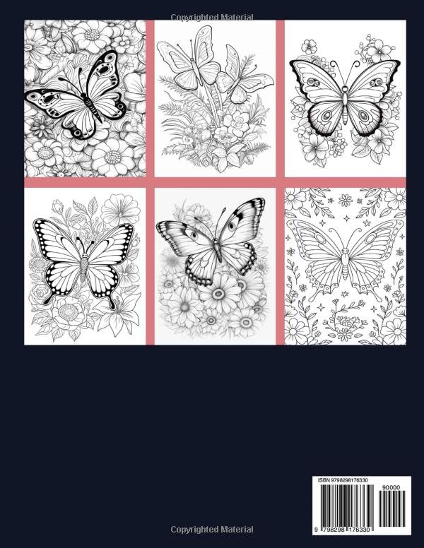 100 Page Butterfly Coloring Book For Adults: 50 Beautiful & Easy Large Print Butterfly and Floral Designs for Stress Relief and Mindful Relaxation. Majosta