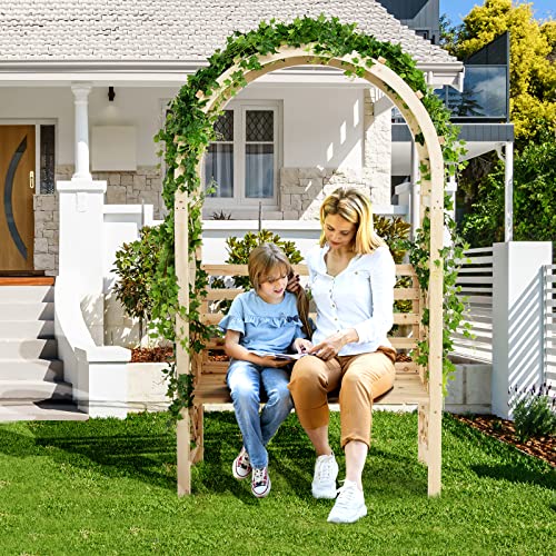 Giantex 81in Garden Arch with 2-Person Bench, Wooden Garden Arbor Archway Trellis for Climbing Plants, Outdoor Wedding Arches Patio Trellis Pergola for Ceremony Party Lawn Backyard, Load 543 lbs