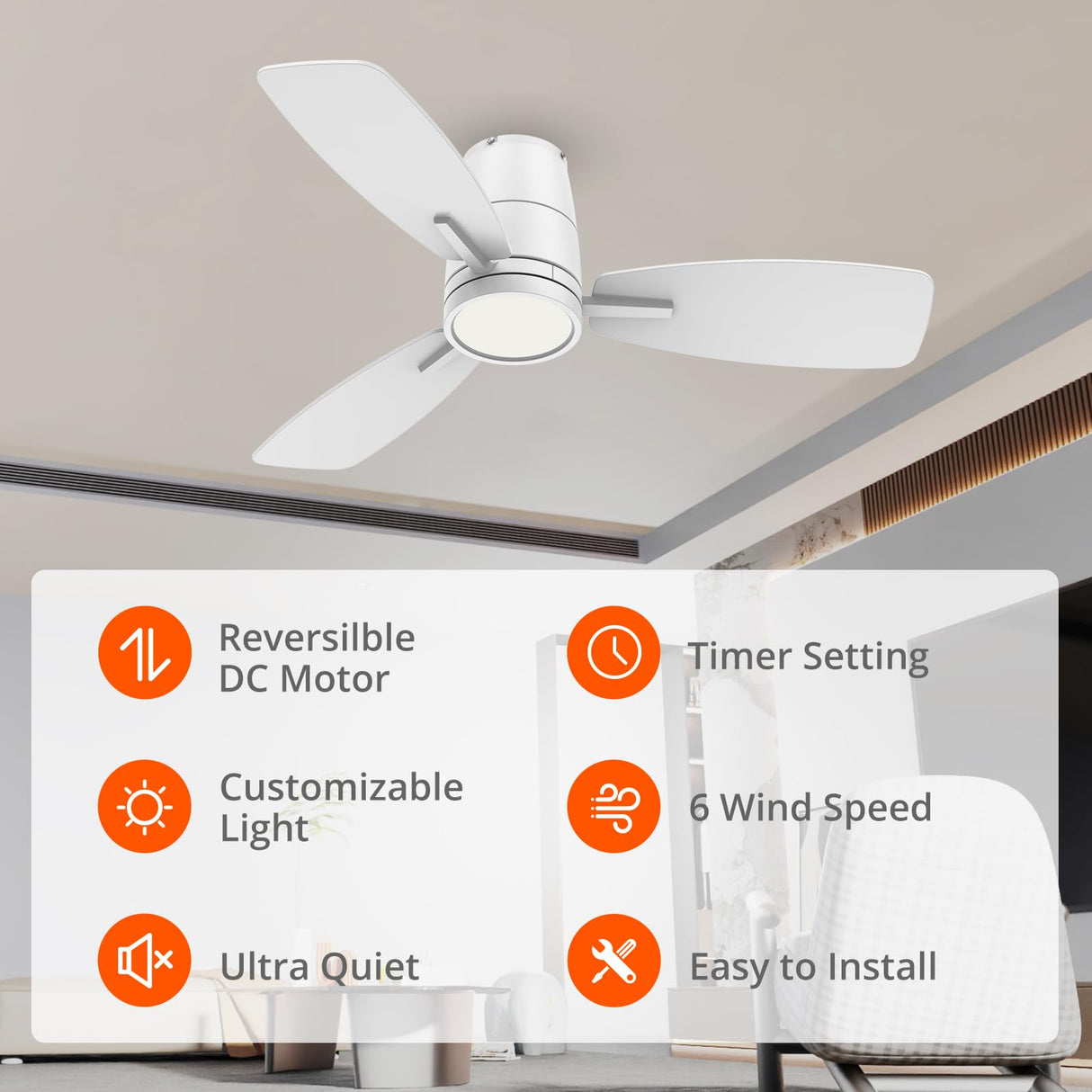 TALOYA 42inch Ceiling Fans with Lights and Remote Control, Quiet DC Motor, Double-faced Blades, Modern Low Profile Ceiling Fan for Bedroom, Living Room, Dining Room, Office TALOYA