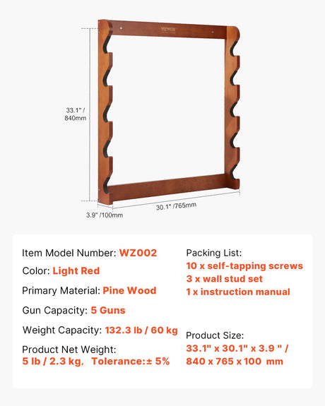 VEVOR Gun Rack, 5-Slot Wall Mounted Wooden Gun Rack, Heavy Duty Gun Display Rack Holds 5 Shotguns and Rifles, Wall Storage Display Rifle Rack with Soft Padding, 132 lbs Capacity VEVOR