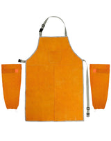 QWORK Welding Apron& Sleeves, Welding Work Protectors Set, Heat and Flame Resistant Leather Work Shop, Blacksmith Protective or Safety Clothing, Welders, Fireplace, Gardening, BBQ Apron, Bib Apron QWORK