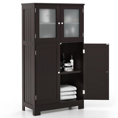 COSTWAY Brown Wooden Bathroom Storage Cabinet with Adjustable Shelf and Doors COSTWAY