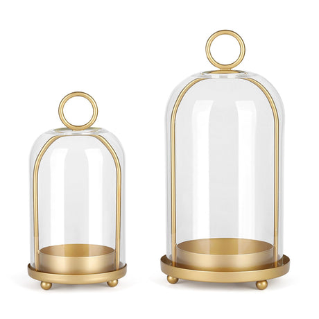 Versatile Metal Candle Holder Set with Handmade Glass Dome,Antique Brass Pillar Candle Stand, 5.2" & 4.1" Wide for Tabletop or Hanging, Industrial & Farmhouse Decor SHOHAYTO