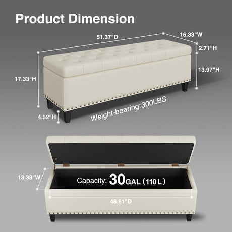 Storage Bench, 51-Inch Storage Ottoman Bench, 30 Gallons, Large Storage Ottoman, Modern Faux Leather Ottoman With Storage For Living Room, Bedroom, Entryway, Hallway, Office, Cream White FiveWillowise