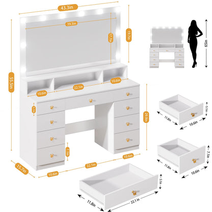 Vanity Desk with Large Lighted Mirror 10 Led Lights,43.3"Large Makeup Vanity with 9 Drawers,Power Outlet,Makeup Dressing Table with Crystal Handles,Christmas Vanity Table for Women Girls (White)