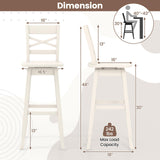 COSTWAY 30-Inch Bar Height Stool Set of 2, Rubber Wood Swivel Bar Stool with Inclined Backrest, Curved Seat & Footrest, Bar Chair for Kitchen Island & Pub (2, White) COSTWAY