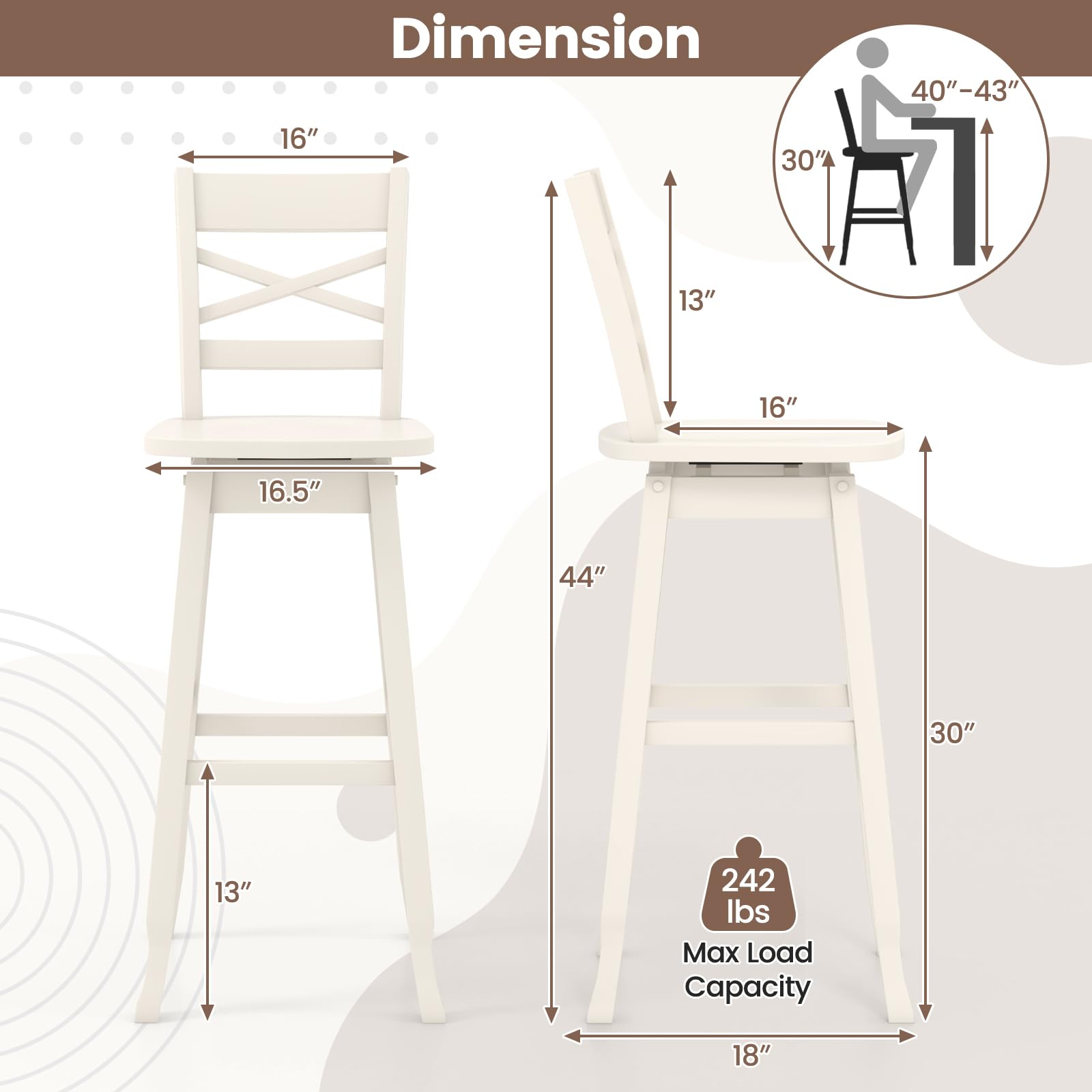 COSTWAY 30-Inch Bar Height Stool Set of 2, Rubber Wood Swivel Bar Stool with Inclined Backrest, Curved Seat & Footrest, Bar Chair for Kitchen Island & Pub (2, White) - WoodArtSupply