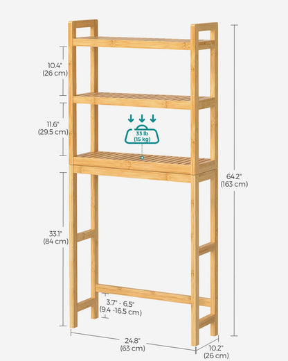 SONGMICS Over The Toilet Storage, 3-Tier Bamboo Over Toilet Bathroom Organizer with Adjustable Shelf, Fit Most Toilets, Space-Saving, Easy Assembly, Natural UBTS001N01