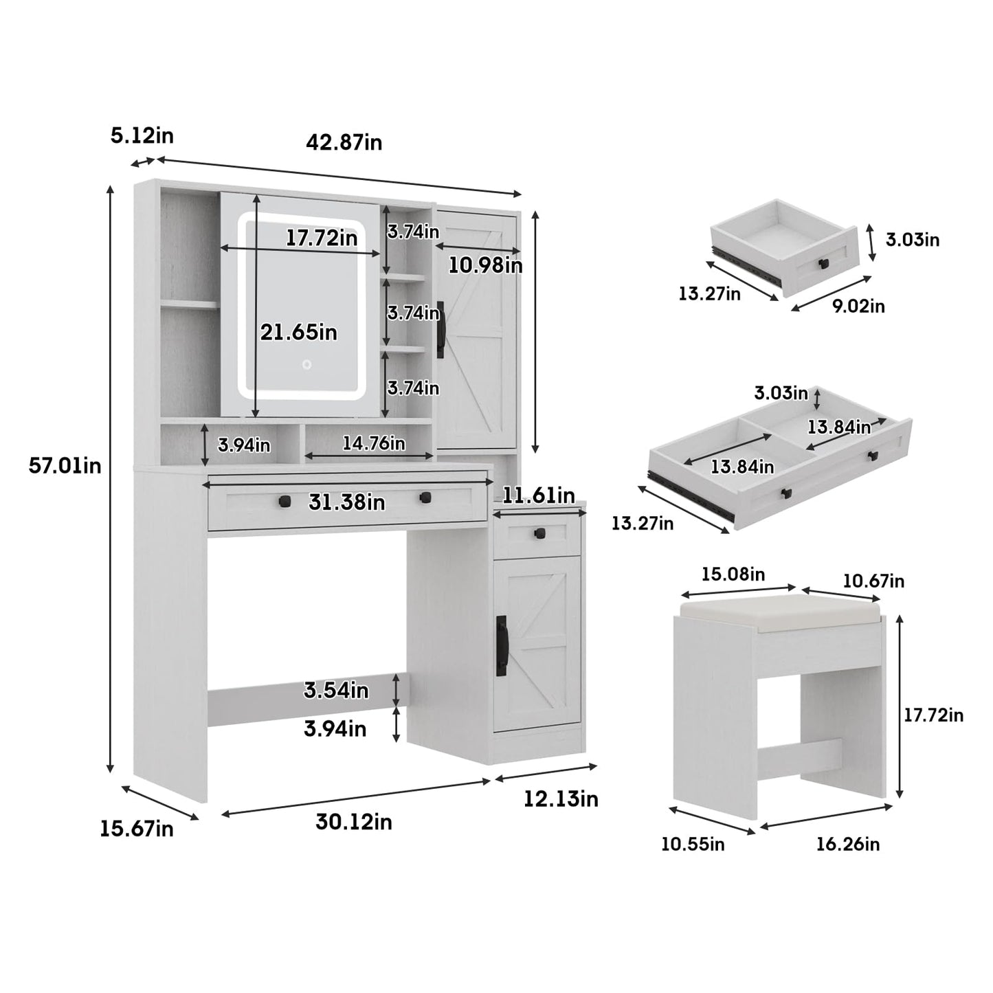 Fameill Vanity Desk with Mirror and Lights, Makeup Vanity Desk with Power Outlet, 2 Drawers & Storage, Vanity Table with Chair & Jewelry Cabinet, for Bedroom (White) - WoodArtSupply