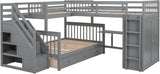 MERITLINE Twin-Twin Over Full Triple Bunk Bed with Storage Stairs,Wardrobe and Desk,Solid Wood L-Shaped 3 Bunk Bed with Ladder,Shelves,Headboard,Guardrail,No Box Spring Needed (Grey) MERITLINE