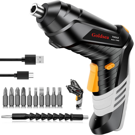 Electric Screwdriver Goldsea 4.2V Cordless Screwdriver 3.5N.m 1500mAh Type-C Charging 10pcs Screwdriver Bits 1/4” Hex Chuck 90°/180° deformation handle Forward and reverse adjustment LED Light Goldsea