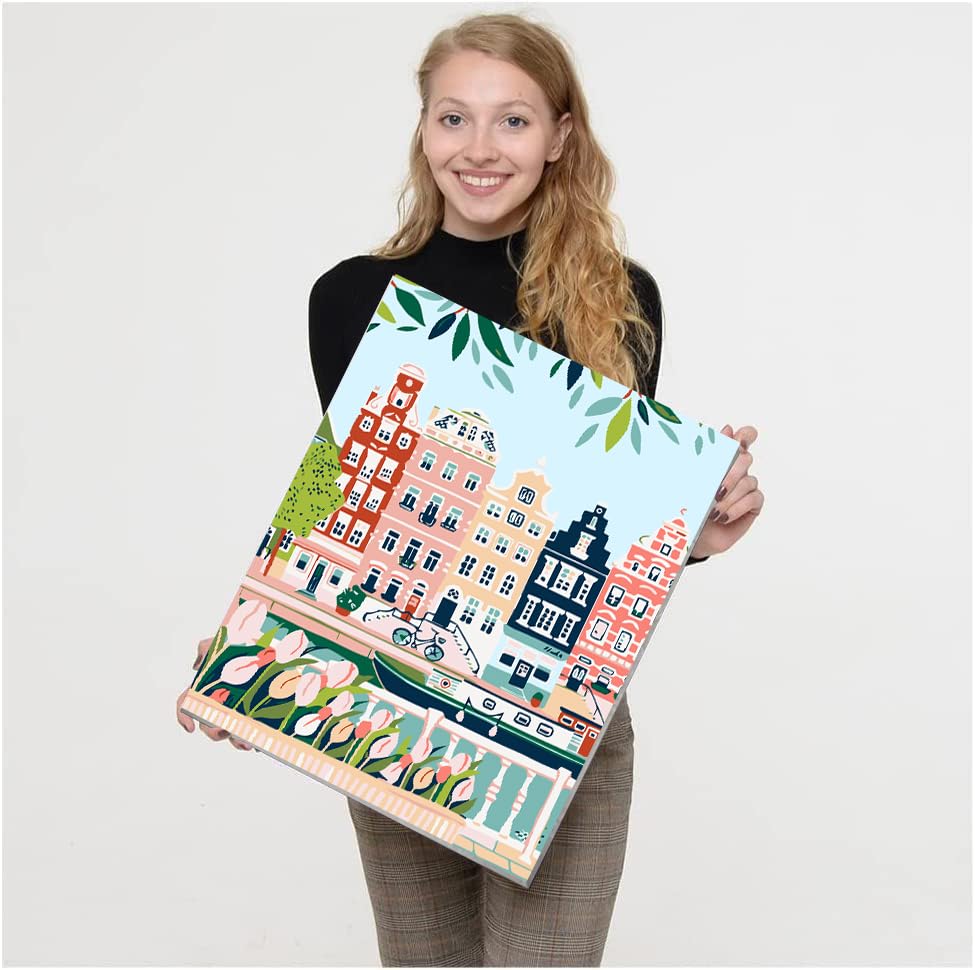 VIGEGU 4 Pack Paint by Numbers Kit for Adults Beginner with Frame, Wooden Easel DIY Cityscape Scenery Adult Paint by Number Kits for Home Decor 7.8x11.8inch VIGEGU