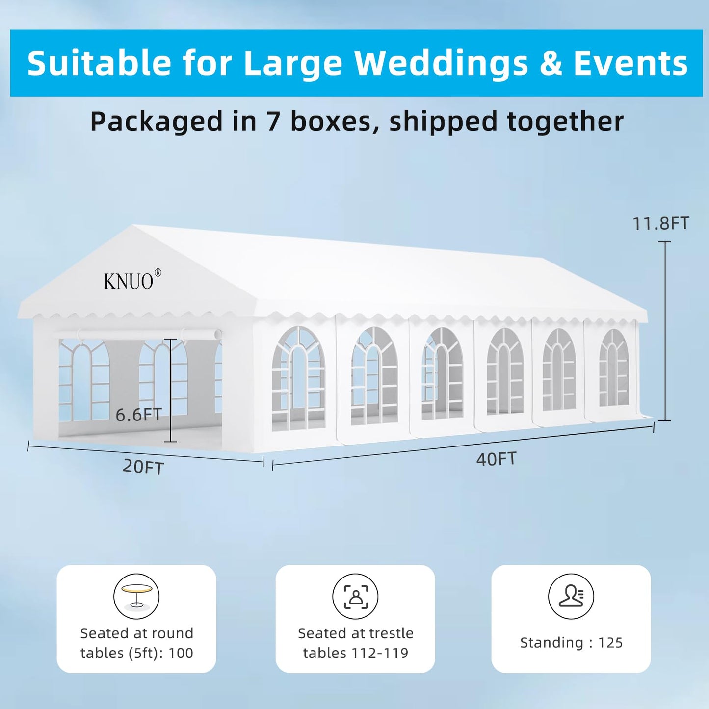 KNUO Party Tent 20x40' Event Tent for 100 People Heavy Duty Outdoor Weddings Tent, White - WoodArtSupply