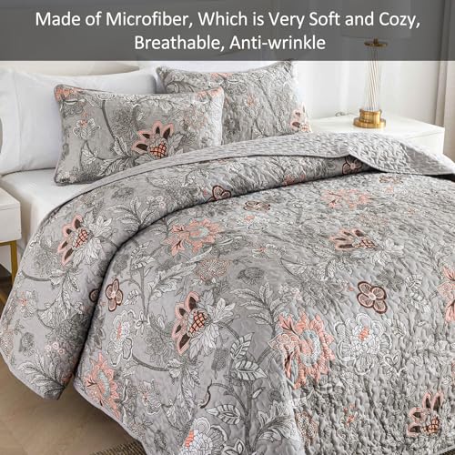 WONGS BEDDING Floral Quilt Set King Size, Grey Botanical King Bedspread Bedding Sets Soft Lightweight Microfiber Flower Gray Coverlet Set 3 Pieces for All Season (104"x90") WONGS BEDDING