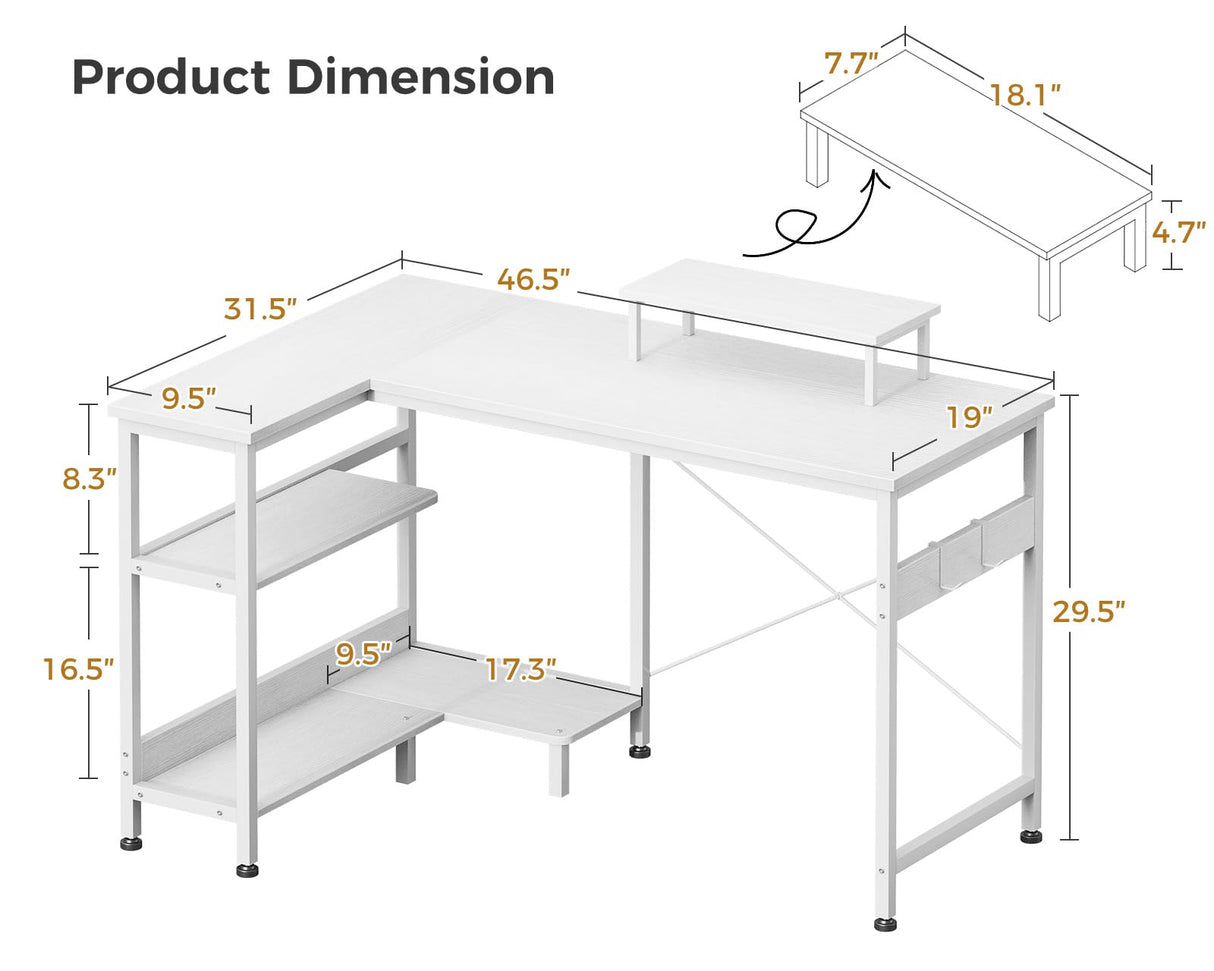 ODK 47 Inch Small L Shaped Computer Desk with Reversible Storage Shelves, L-Shaped Corner Desk with Monitor Stand for Small Space, Modern Simple Writing Table for Home Office Workstation, White ODK
