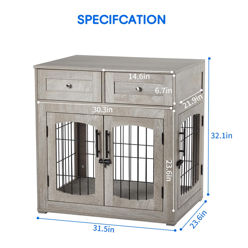 Dog Crate Furniture with 3 Doors,31.5" Large Dog Crate with 2 Drawer & Cushion,Wooden Dog House Kennel for Medium/Large Dog,Dog Crate Table Up to 70 lbs,Indoor End Table Dog House