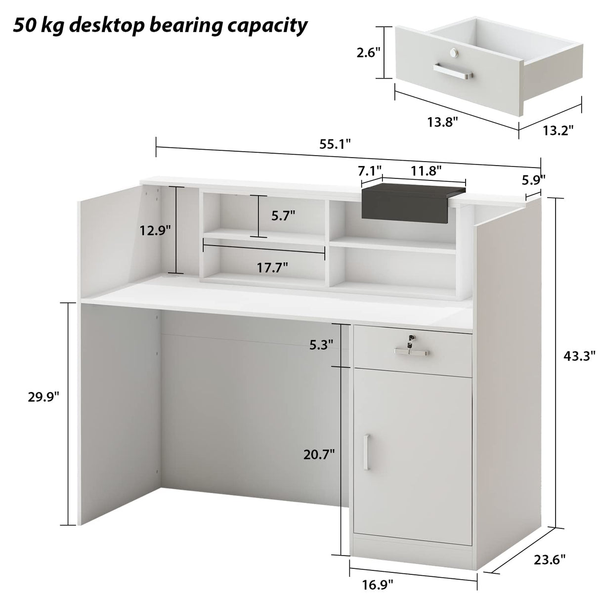 AIEGLE Reception Counter Desk with Adjustable Shelf & Lockable Drawersfor Salon Reception Room Checkout Office, White (55.1" L x 23.6" W x 43.3" H) AIEGLE