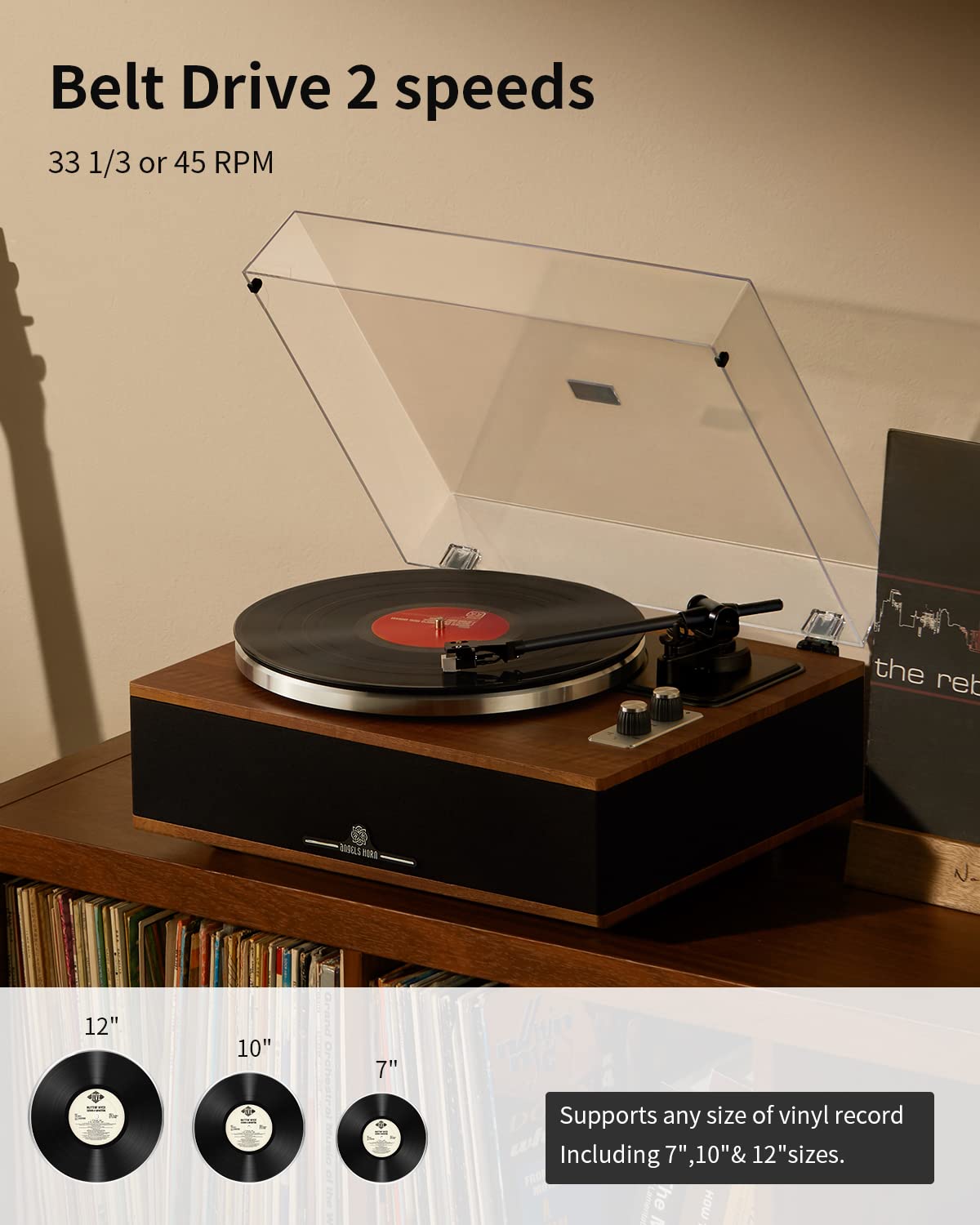 ANGELS HORN Vinyl Record Player, Bluetooth Turntable with Built in Speakers Phono Preamp, High Fidelity Turntables for Vinyl Records with Magnetic Cartridge AT-3600L, Belt Drive 2-Speed ANGELS HORN