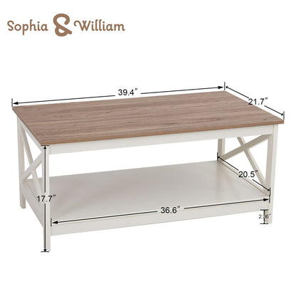 Sophia & William Farmhouse Coffee Table with Storage Shelf for Living Room, Ivory - WoodArtSupply