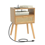 MaxSmeo Mid Century Modern Nightstand with Charging Station, Bedside Tables with Rattan Drawer, Small Wood Nightstand Side Table for Living Room,Bedroom (Brown) MaxSmeo