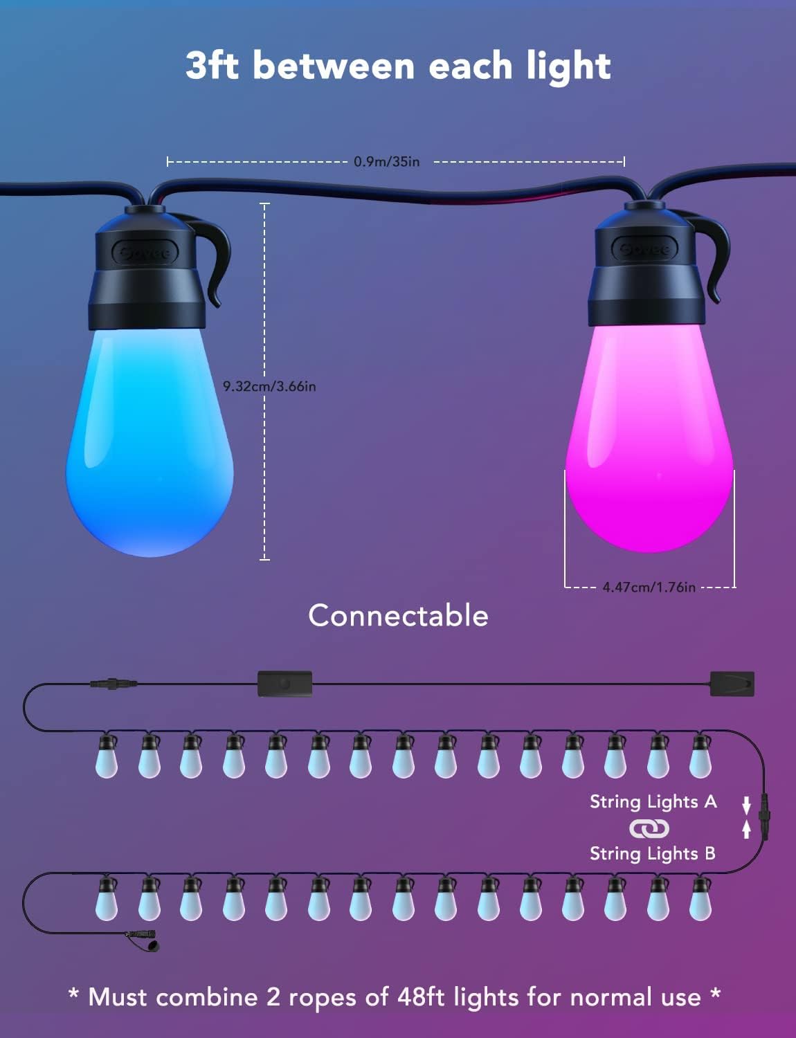 Govee Smart Outdoor String Lights H7021, RGBIC Warm White 96ft (2 Ropes of 48ft) LED Bulbs for Christmas Decorations Outdoor, WiFi Patio Lights Work with Alexa, Google, APP Control, IP65 Waterproof Govee
