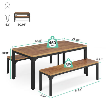 Tribeigns Dining Table Set for 6 People, 3 Pieces Rectangular Kitchen Table with 2 Benches, 55 Inches Large Wooden Kitchen Table Set for Small Space, Apartment, Dining Room, Kitchen, Easy Ass - WoodArtSupply