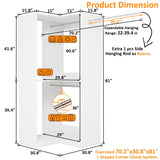 Vomavex Corner Closet System with 3 Hanging Rods, 30.8”-70.2” L Shaped Freestanding Closet Organizer for Walkin Closet, Corner Wardrobe, White vomavex