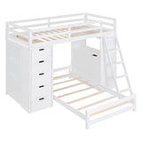 CITYLIGHT Twin Over Twin Bunk Beds with Storage,Desk,USB Ports and LED Light,Wood Twin Loft Bed with Movable Lower Bed,L Shaped Bunk Bed for Kids,Teens,Adults,No Box Spring Needed (White) CITYLIGHT