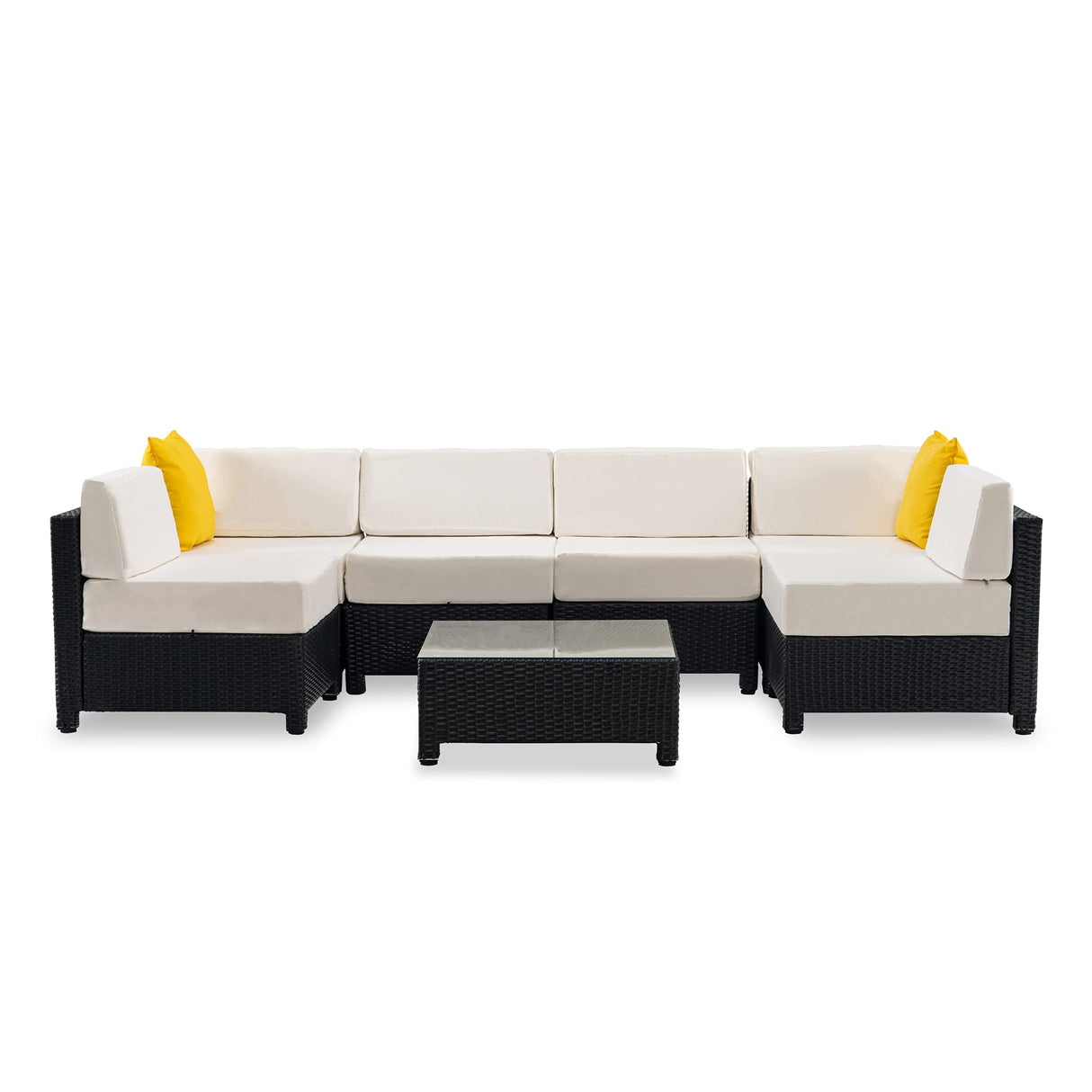 MCombo Patio Furniture Sets 7 Pieces Outdoor Wicker Sectional Sofa Set, PE Rattan Aluminum Frame Conversation Sets with Washable Cushion and Glass Table for Garden, and Backyard, 6080-7PC (White) MCombo