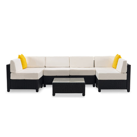 MCombo Patio Furniture Sets 7 Pieces Outdoor Wicker Sectional Sofa Set, PE Rattan Aluminum Frame Conversation Sets with Washable Cushion and Glass Table for Garden, and Backyard, 6080-7PC (White) MCombo