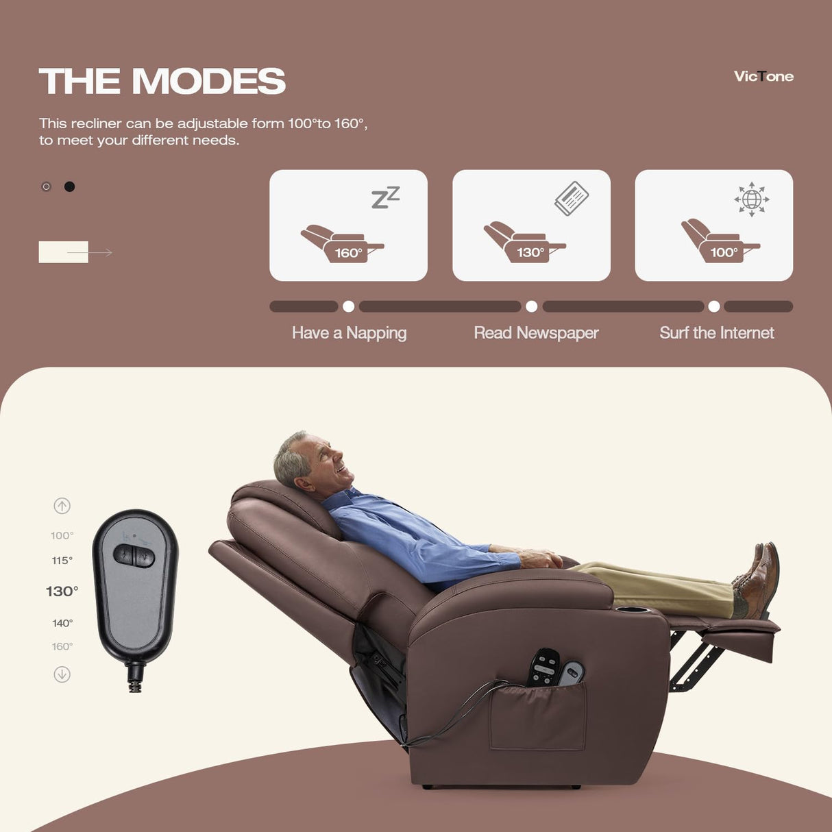 VICTONE Electric Power Lift Recliner Chair for Elderly Reclining Sofa for Living Room with Massage, Side Pockets and Cup Holders (Leather, Brown) VICTONE