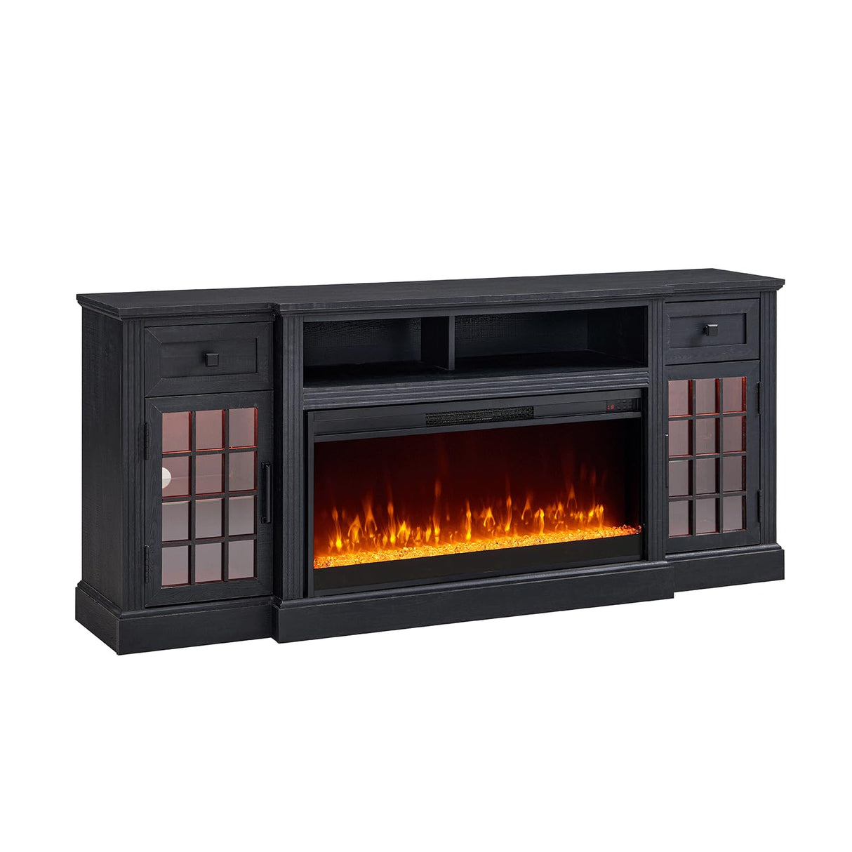 JXQTLINGMU Fireplace TV Stand for 80 Inch TV, Farmhouse Highboy Entertainment Center w/LED Lights & 36" Electric Fireplace, Large Media Console w/Glass Door Cabinet & Storage Drawer, Black JXQTLINGMU