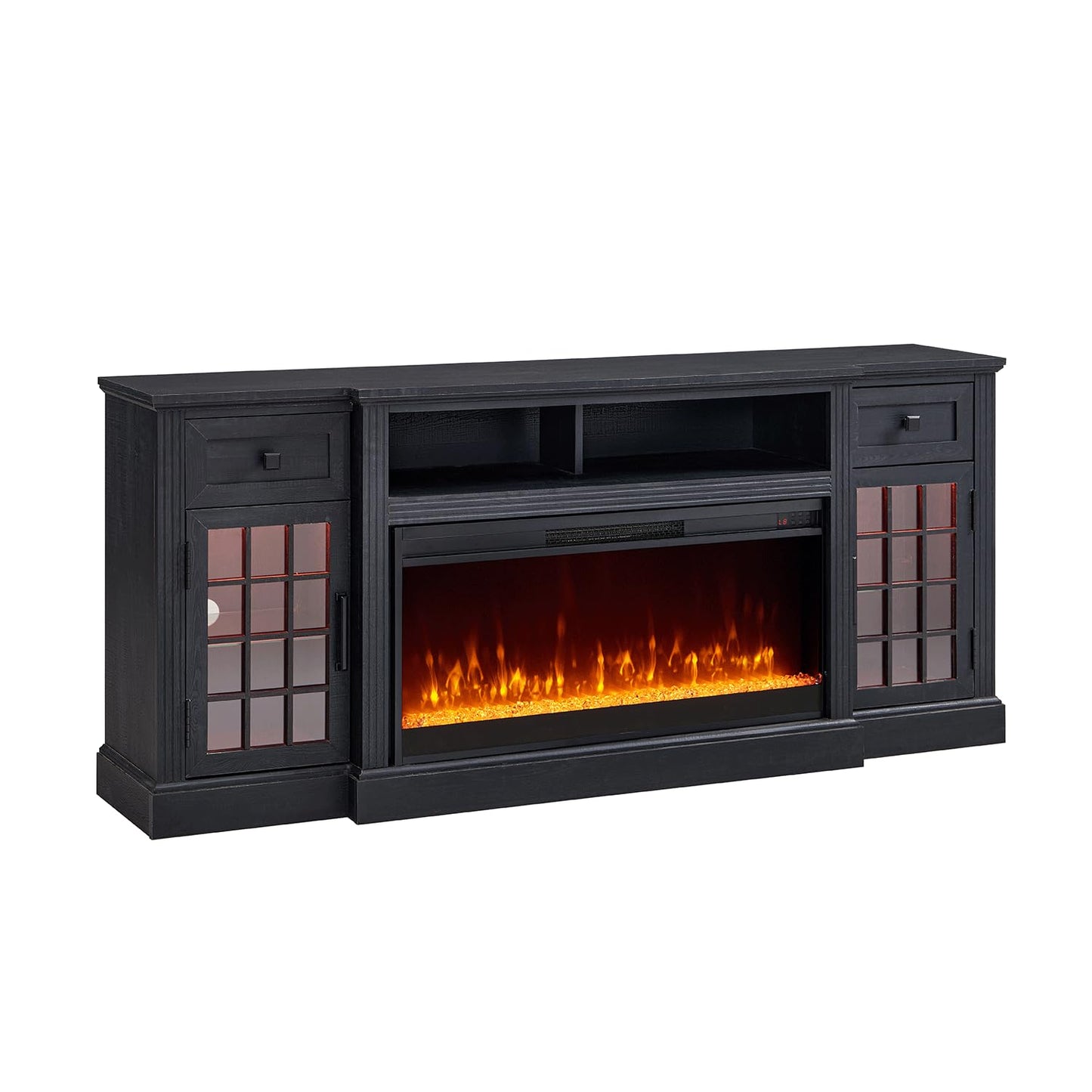 JXQTLINGMU Fireplace TV Stand for 80 Inch TV, Farmhouse Highboy Entertainment Center w/LED Lights & 36" Electric Fireplace, Large Media Console w/Glass Door Cabinet & Storage Drawer, Black