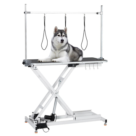 Garvee Electric Dog Grooming Table, Adjustable Height 9.4"-39.4", 264Lb Capacity, Foot Control, Anti-slip Wheels, Tool Organizer, Dog Grooming Station, 47" White Garvee