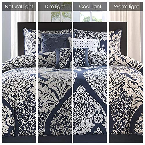 Madison Park Vienna Cotton Poly Blend Duvet Set - Classic Traditional Design, Cozy All Season Comforter Cover, Matching Shams, Decorative Pillows Vienna, King/Cal King(104"x92"), Indigo 6 Piece Madison Park