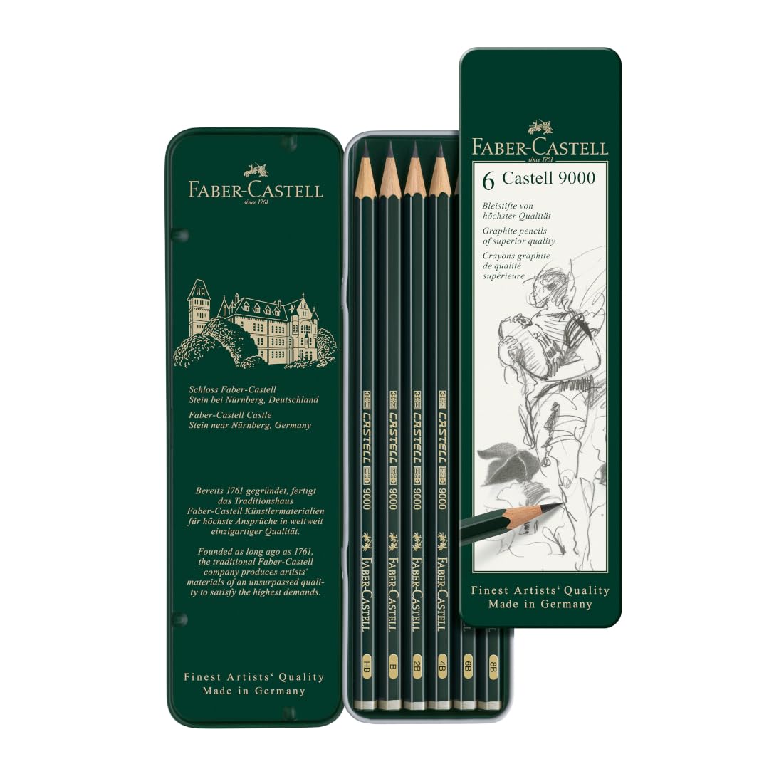 Faber-Castell 5 Piece Quality Water-Soluble Graphite Aquarelle Pencils in a Tin, Including HB, 2B, 4B, 6B and 8B, Grey Faber-Castell