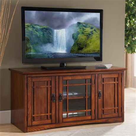 Leick Home 82350 Solid Wood Mission Oak Three Door TV Stand For 55" TVs Universal TV Console Living Room Storage Shelves Entertainment Center, Mission Oak Leick Home