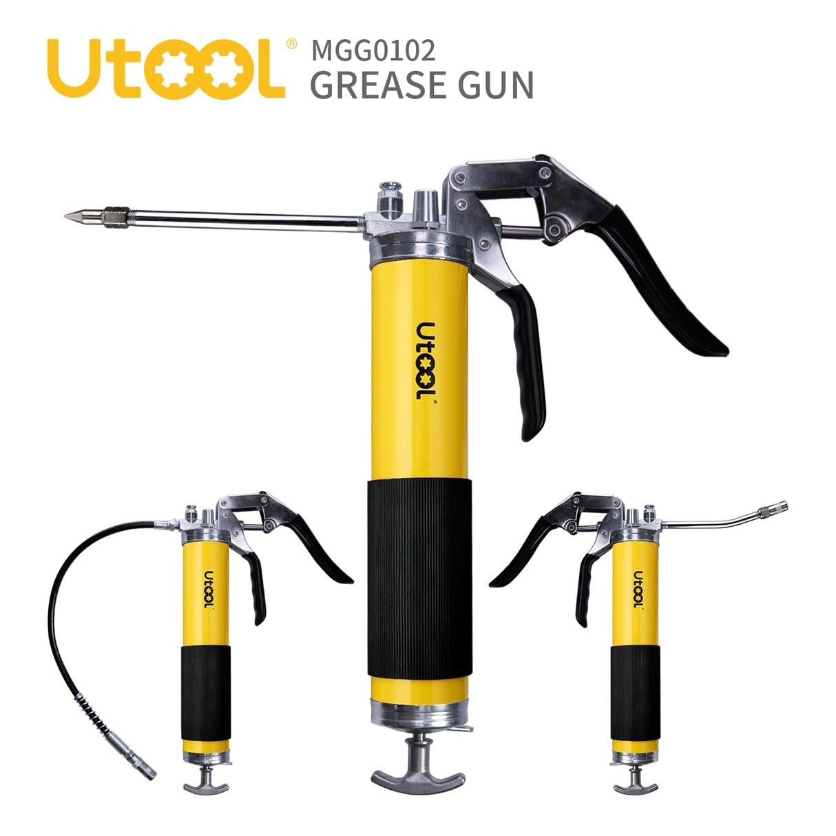 UTOOL Grease Gun, 8000 PSI Heavy Duty Pistol Grip Grease Gun Kit with 14 oz Capacity, 18 Inch Resin Flex Hose, 2 Basic Coupler, 2 Extension Rigid Pipe and 1 Sharp Type Nozzle UTOOL