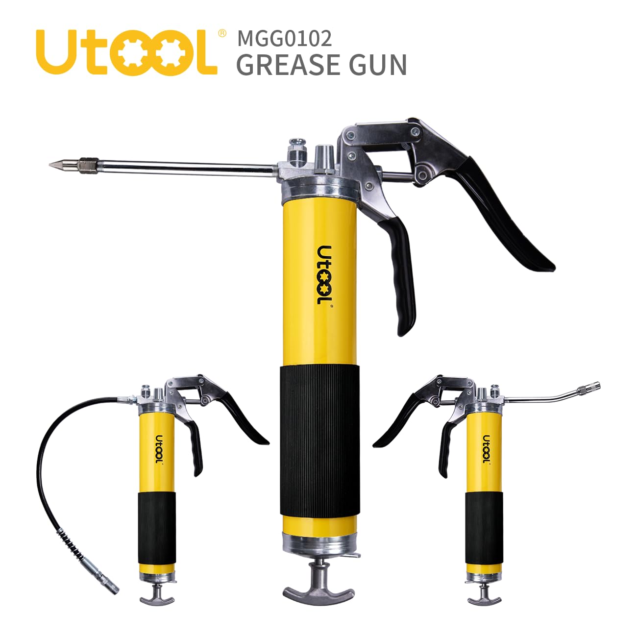 UTOOL Grease Gun, 8000 PSI Heavy Duty Pistol Grip Grease Gun Kit with 14 oz Capacity, 18 Inch Resin Flex Hose, 2 Basic Coupler, 2 Extension Rigid Pipe and 1 Sharp Type Nozzle - WoodArtSupply