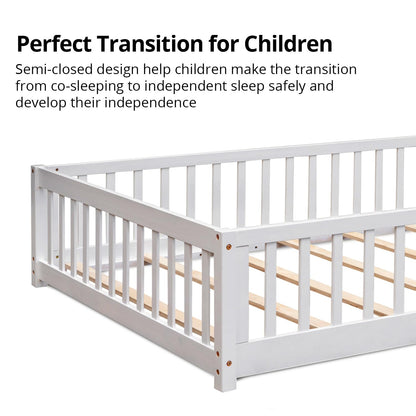 Durable Montessori Full Floor Bed with Safety Fence & Door for Kids in White - WoodArtSupply