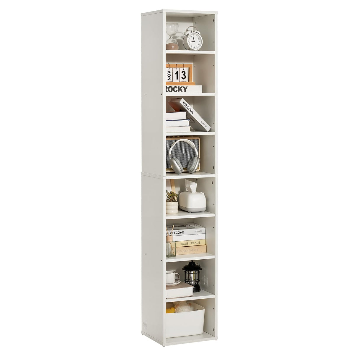 VEVOR 8 Tiers Narrow Bookshelf, 71 in Wooden Tall Open Bookcase with Height-Adjustable Shelf, Freestanding Display Storage Floor Bookcase Bookshelf for Library, Bedroom, Living Room, Office, White VEVOR