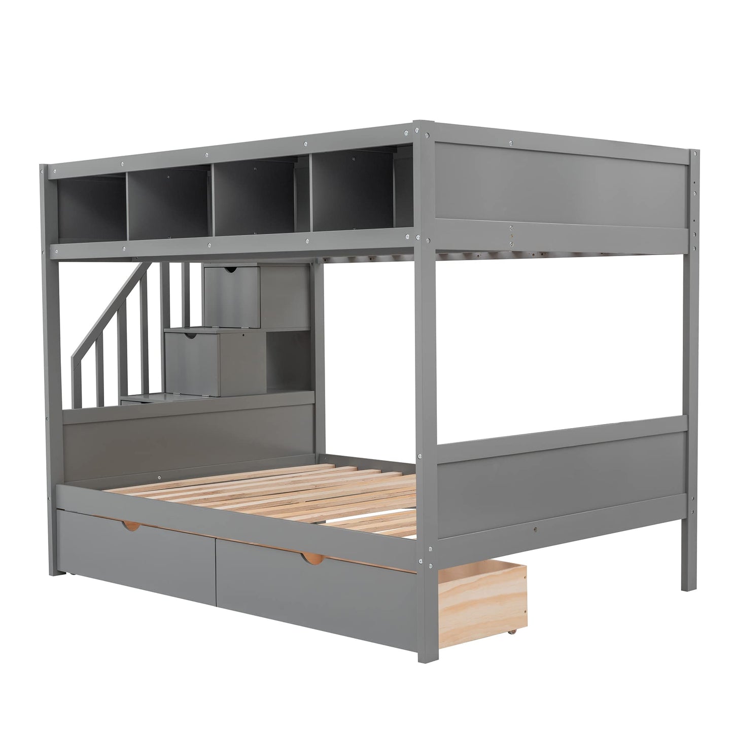 Harper & Bright Designs Grey Twin Over Full Bunk Bed with Stairs and Storage Solutions